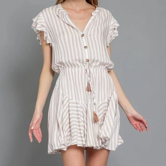 NWOT Tan & White Striped Ruffle Sleeve Shirt Dress - Picture 2 of 10